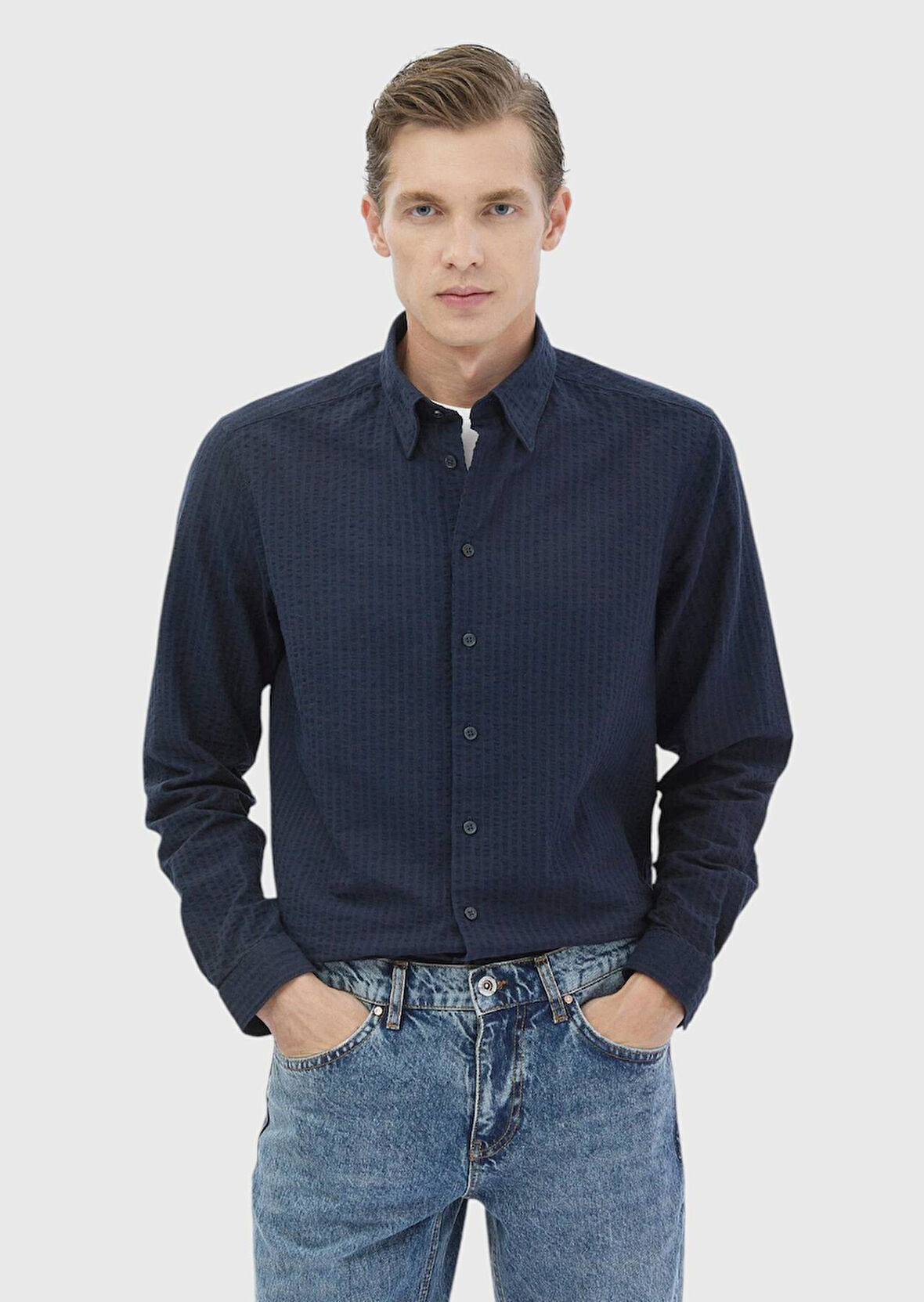 Lacivert Çizgili Casual Fit Dokuma Casual %100 Pamuk Gömlek