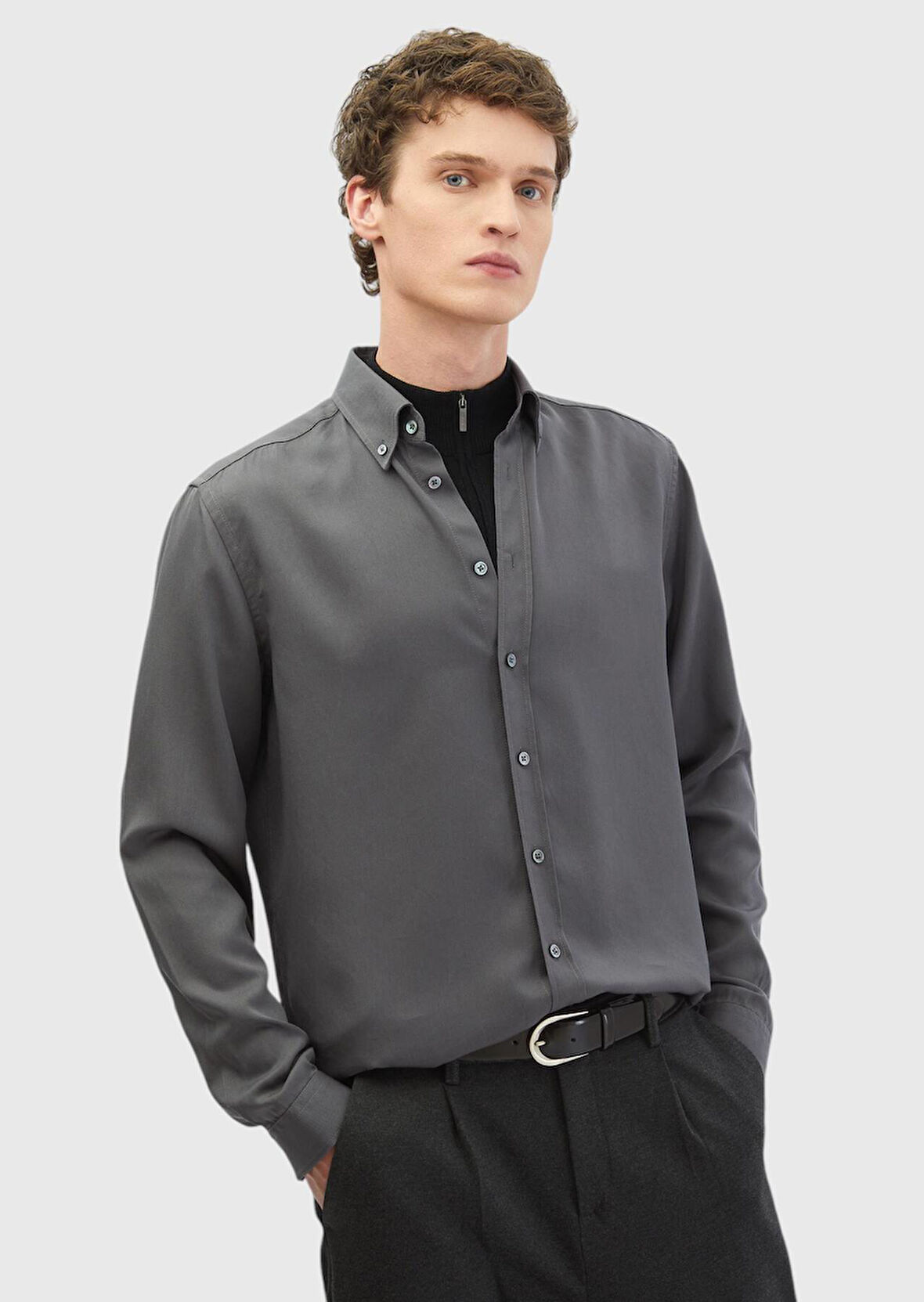 Gri Düz Casual Fit Dokuma Casual Gömlek