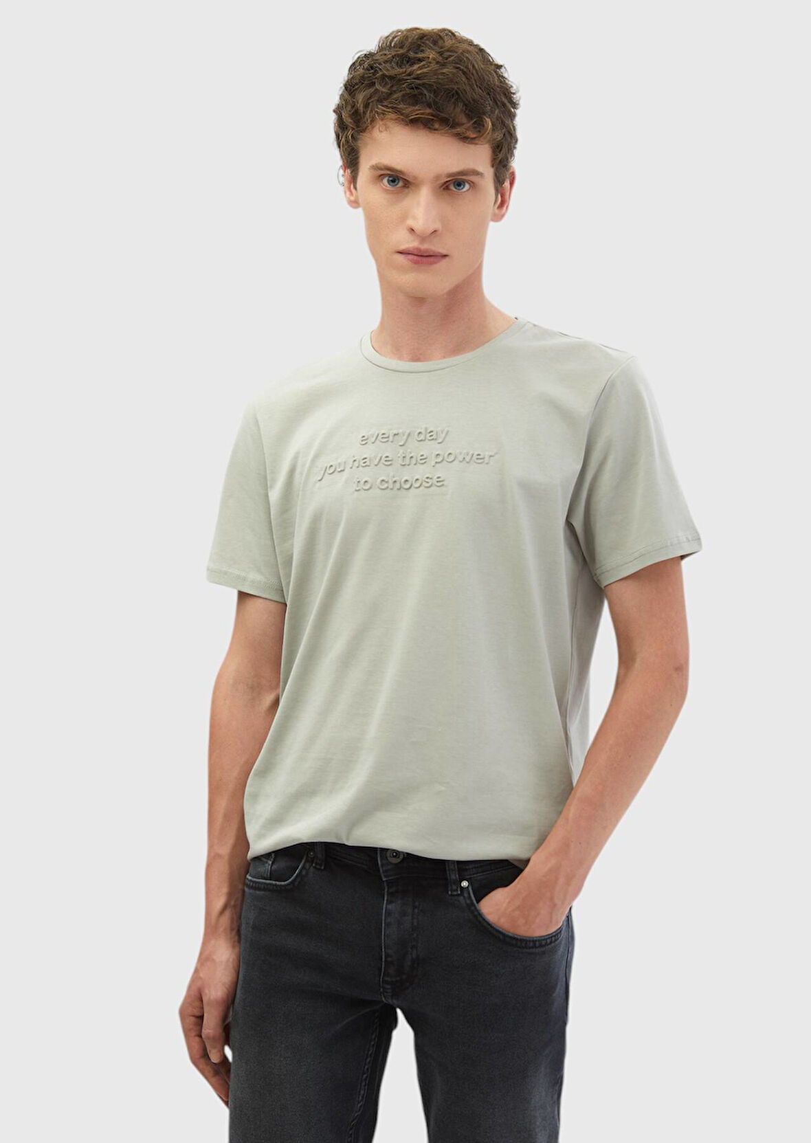 Açık Gri Baskılı Bisiklet Yaka %100 Pamuk T-Shirt