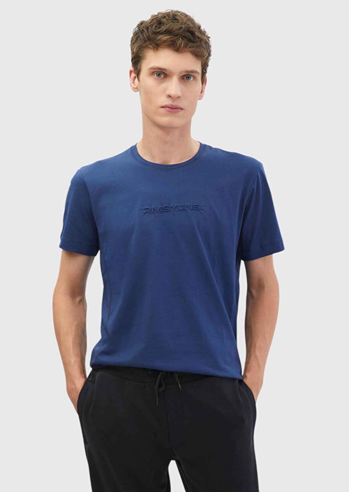 Saks Baskılı Bisiklet Yaka %100 Pamuk T-Shirt