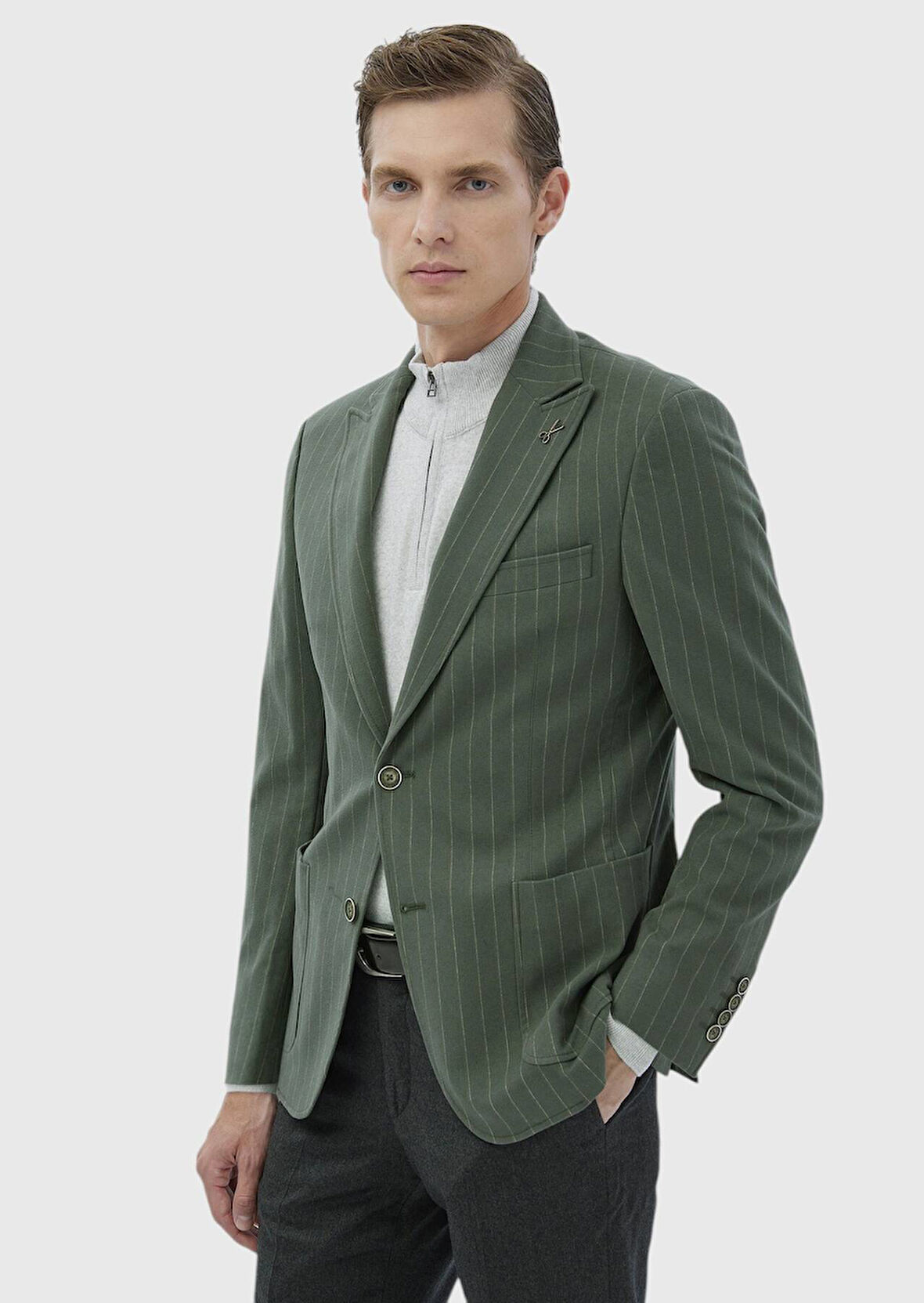 Açık Yeşil Çizgili Zeroweight Slim Fit Pamuk Karışımlı Ceket