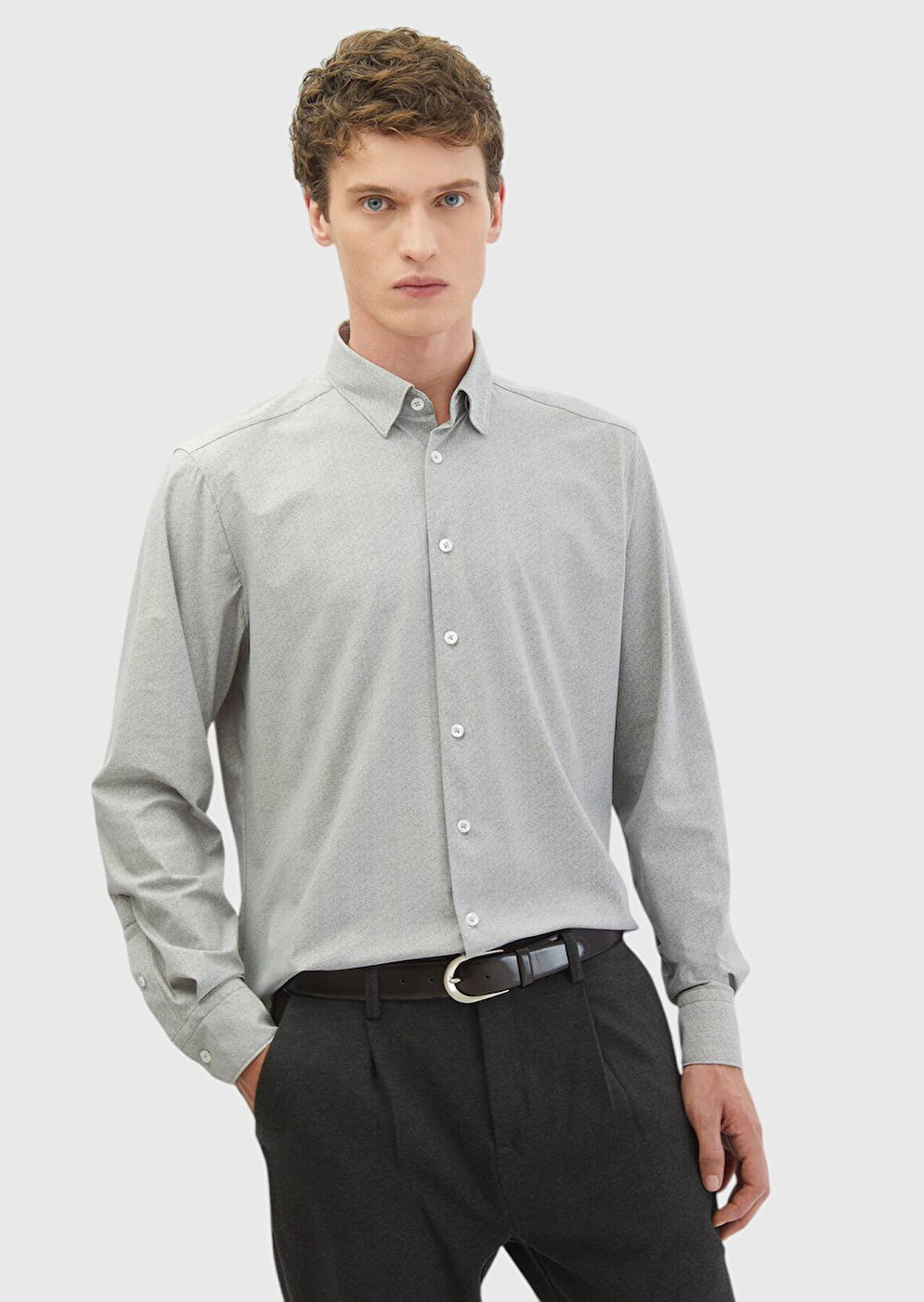 Açık Gri Baskılı Casual Fit Casual Gömlek