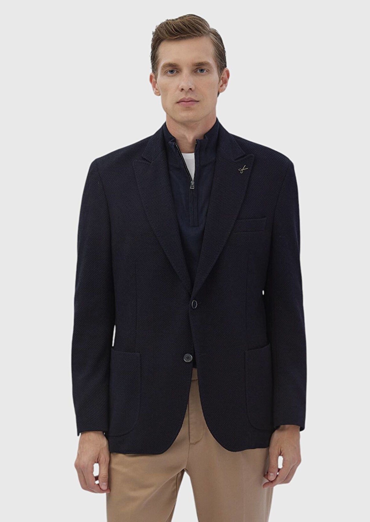 Lacivert Desenli Shirt Shoulder Slim Fit Yün Karışımlı Örme Ceket