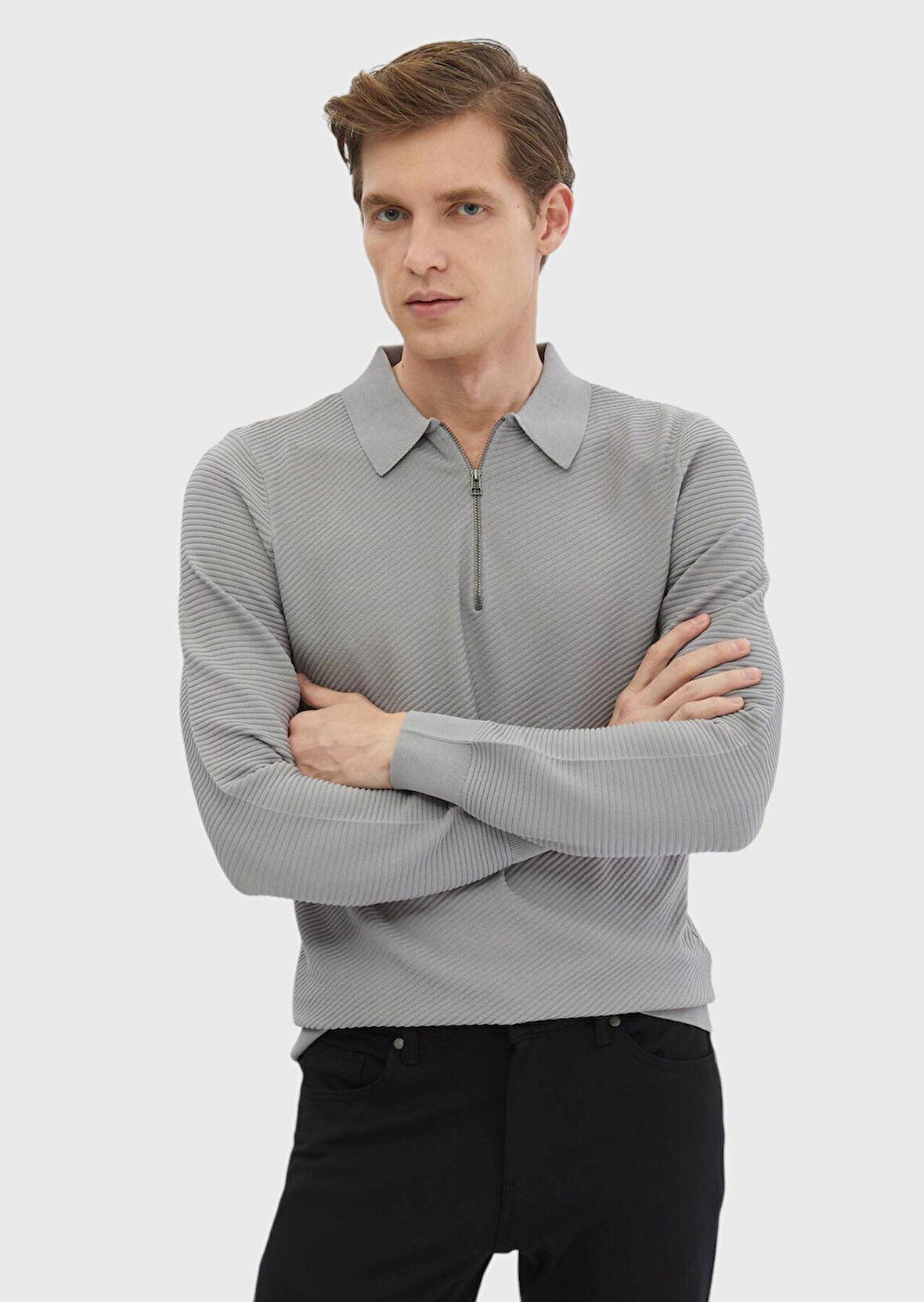 Açık Gri Polo Yaka Jakarlı Triko Kazak