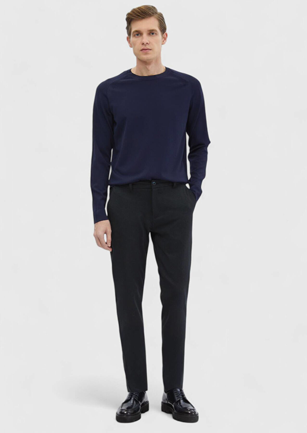 Lacivert Bisiklet Yaka Jakarlı Triko Kazak