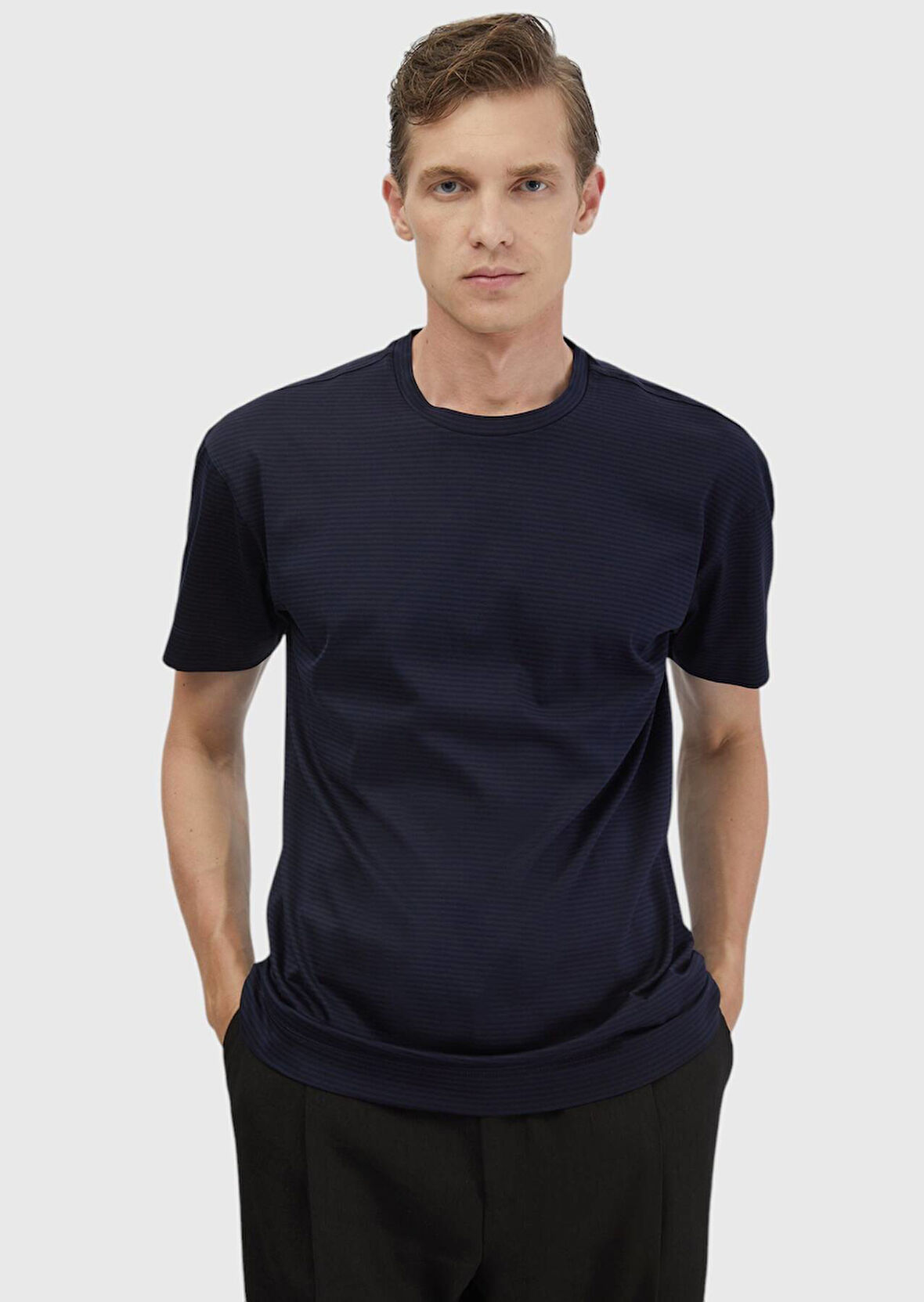 Lacivert Çizgili Bisiklet Yaka %100 Pamuk T-Shirt