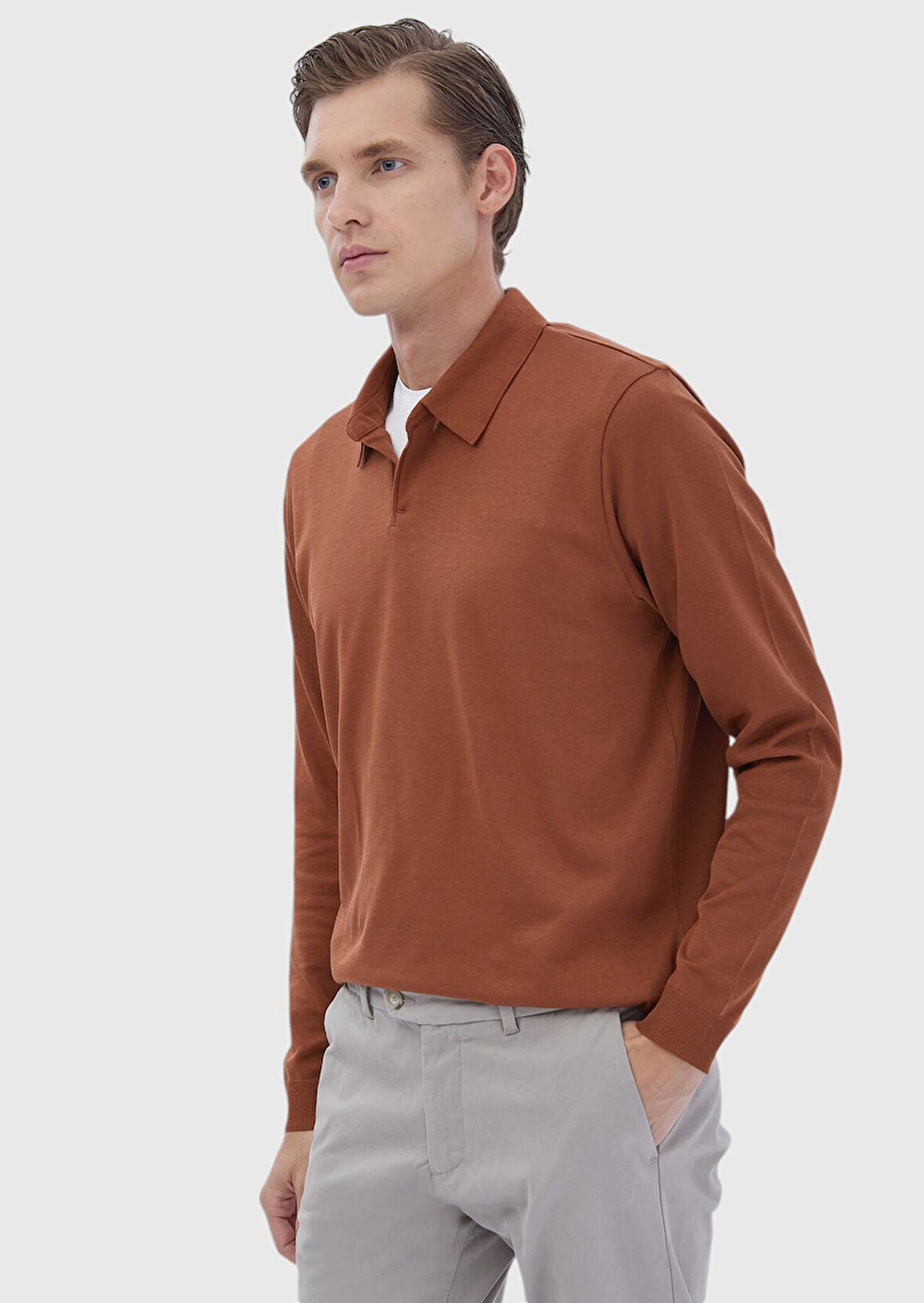 Koyu Turuncu Polo Yaka Düz Sweatshırt