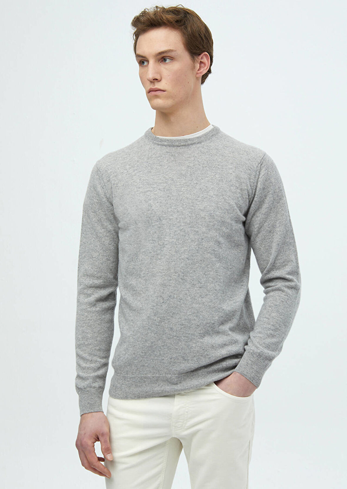 Gri Bisiklet Yaka Düz Örgü %100 Kaşmir Triko Kazak