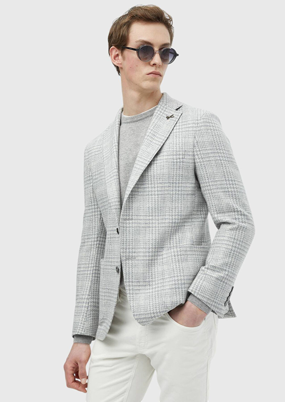 Açık Gri Kareli Shirt Shoulder Slim Fit Yün Karışımlı Ceket