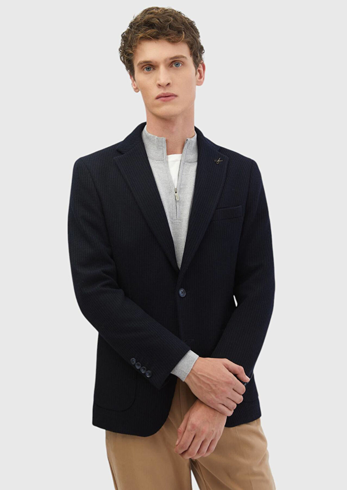 Lacivert Desenli Shirt Shoulder Slim Fit Yün Karışımlı Örme Ceket