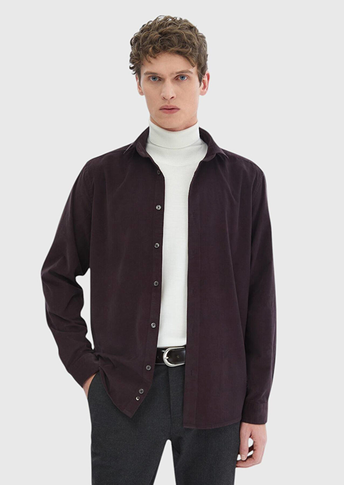 Mürdüm Düz Casual Fit Dokuma Kadife Casual %100 Pamuk Gömlek