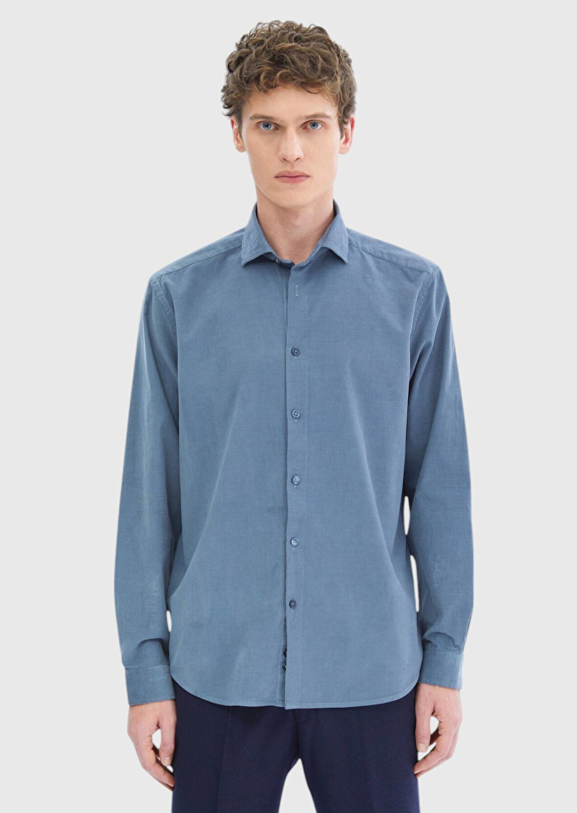 Mavi Düz Casual Fit Dokuma Kadife Casual %100 Pamuk Gömlek