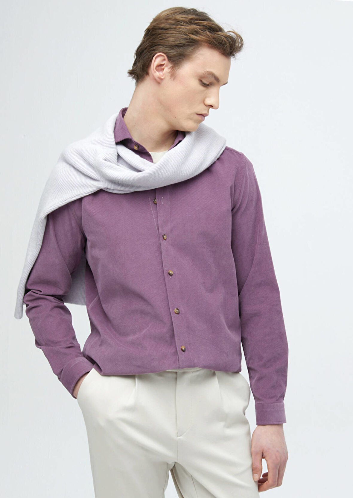 Lila Düz Casual Fit Dokuma Kadife Casual %100 Pamuk Gömlek