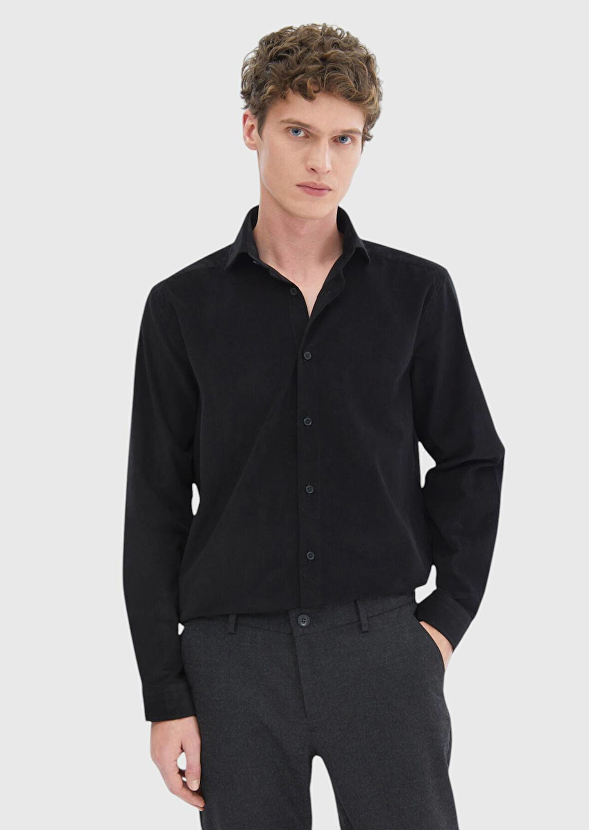 Siyah Düz Casual Fit Dokuma Kadife Casual %100 Pamuk Gömlek
