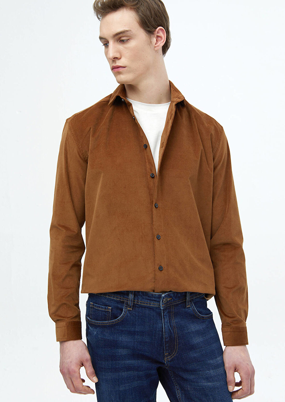 Kahverengi Düz Casual Fit Dokuma Kadife Casual %100 Pamuk Gömlek
