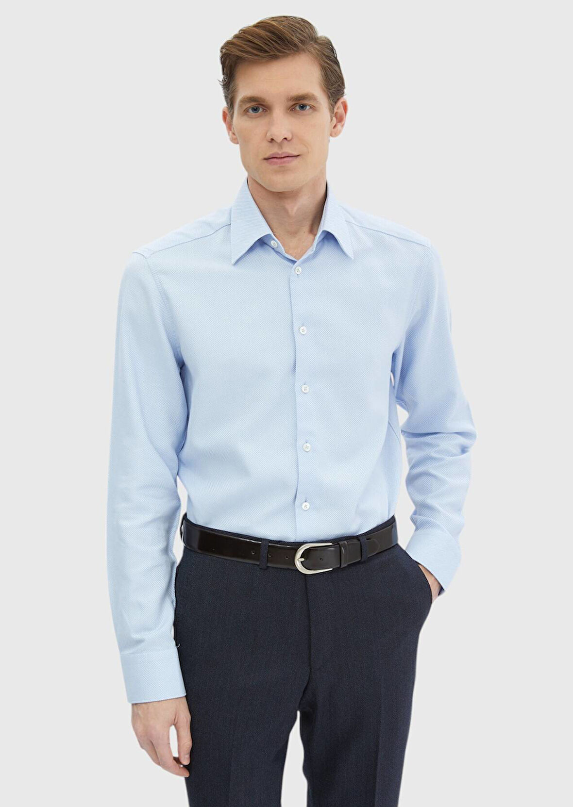 Mavi Düz Regular Fit Dokuma Klasik %100 Pamuk Gömlek