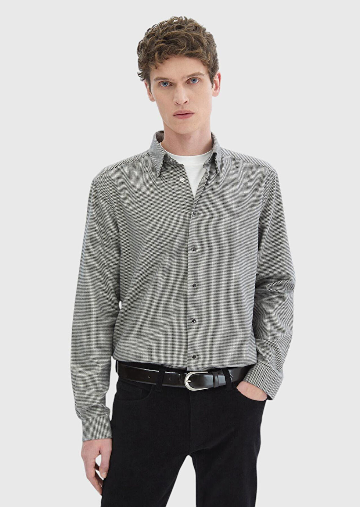 Koyu Gri Desenli Casual Fit Dokuma Casual %100 Pamuk Gömlek