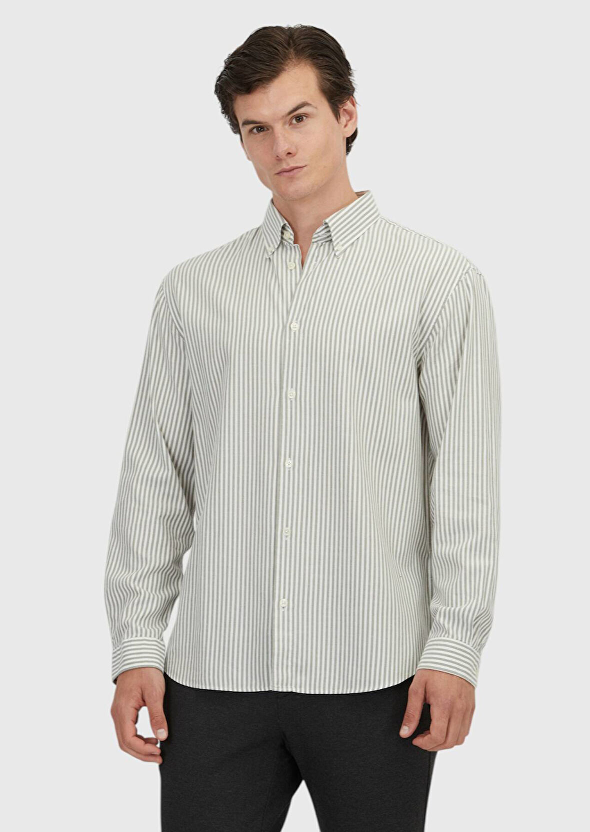 Yeşil Çizgili Loose Fit Dokuma Casual Pamuk Karışımlı Gömlek