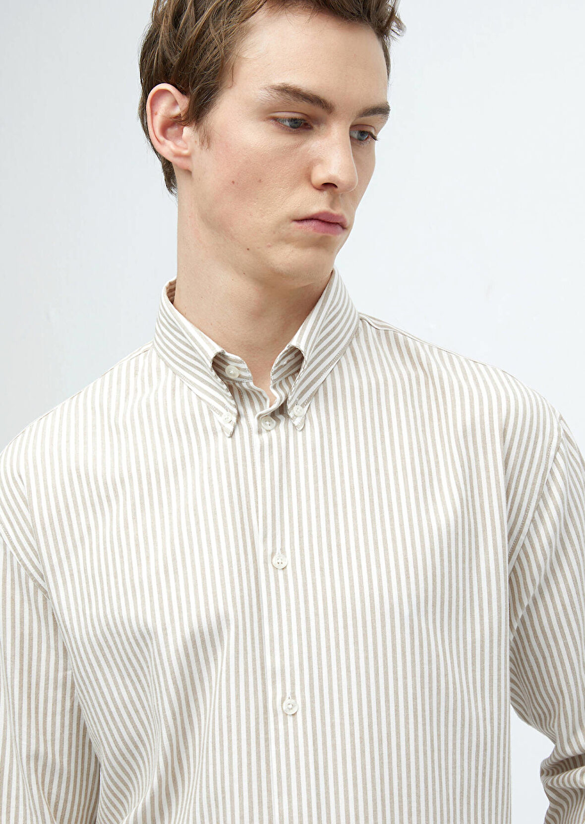 Deve Tüyü Çizgili Loose Fit Dokuma Casual Pamuk Karışımlı Gömlek