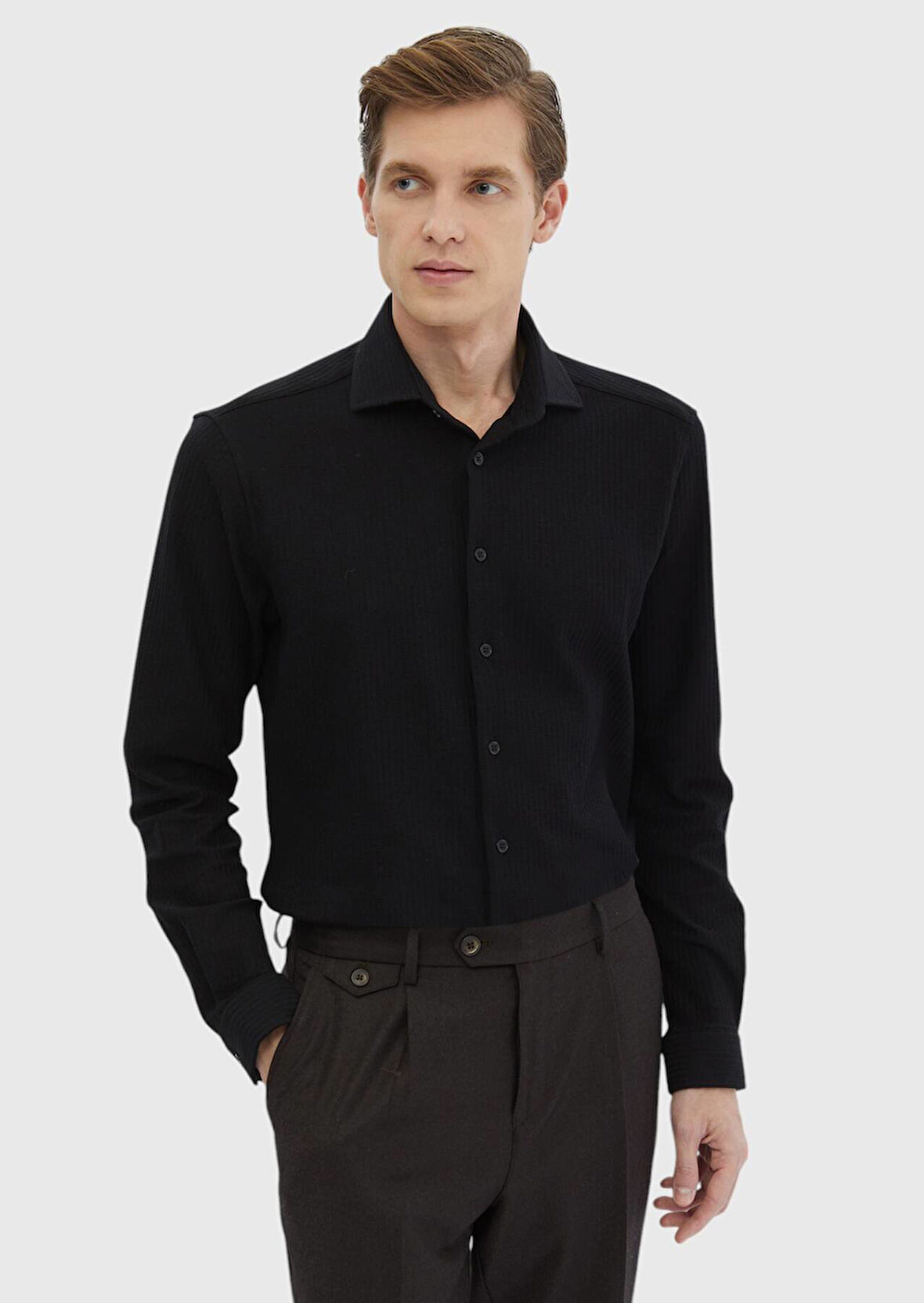 Siyah Çizgili Casual Fit Casual %100 Pamuk Gömlek