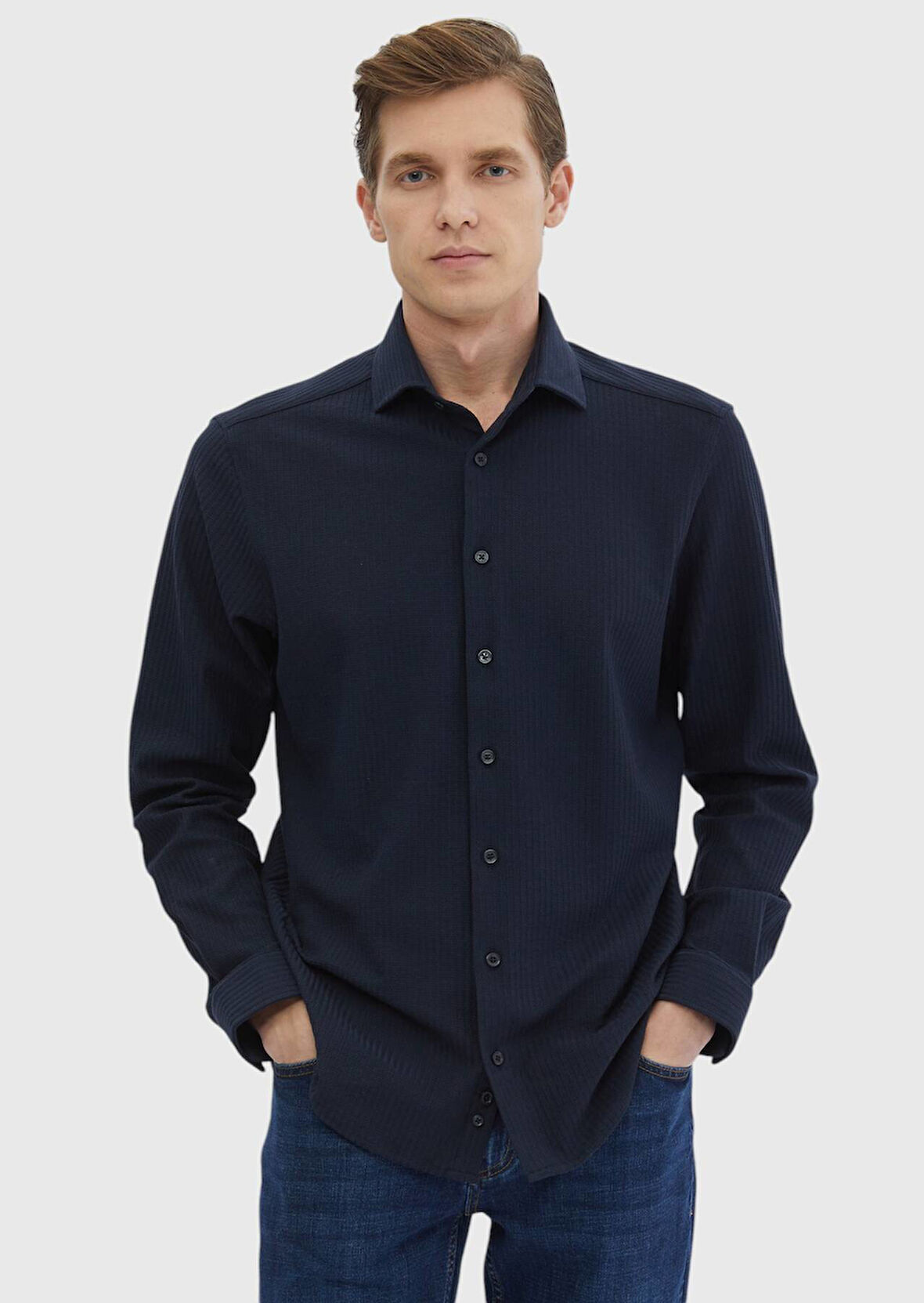 Lacivert Çizgili Casual Fit Casual %100 Pamuk Gömlek