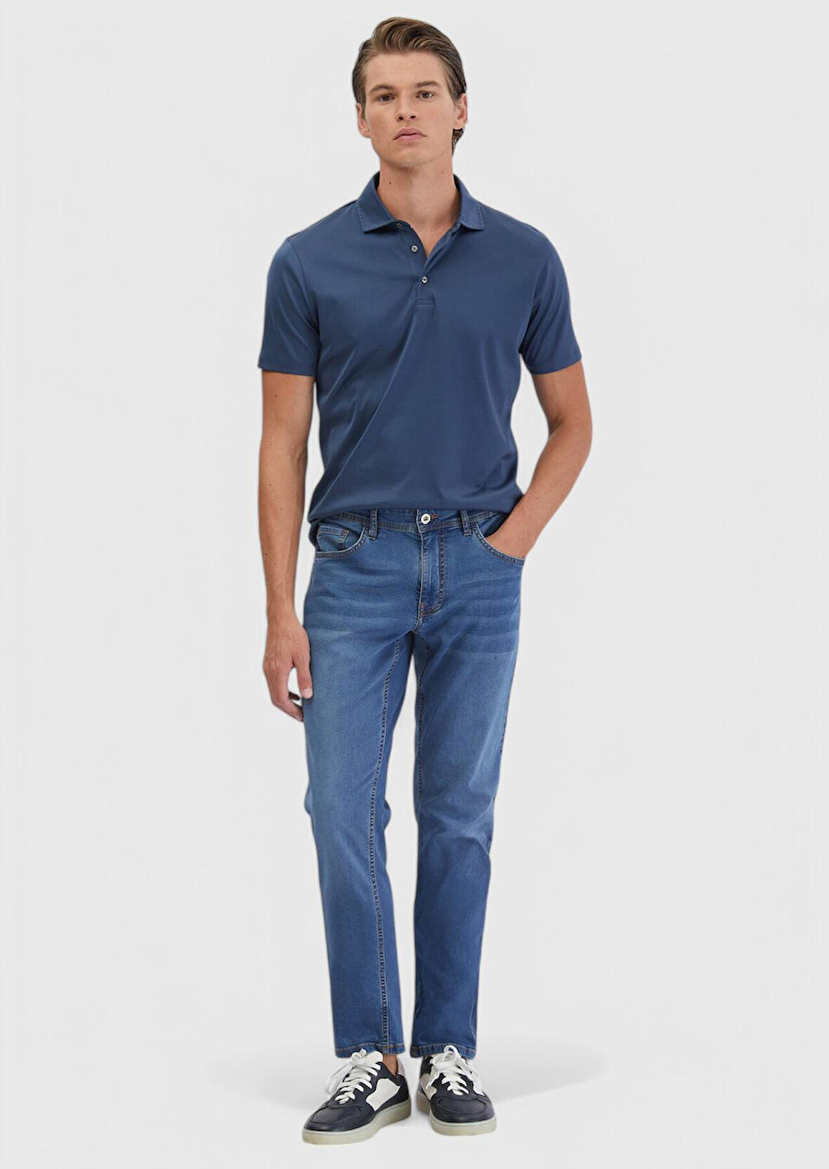 Mavi Düz Slim Fit Denim Pamuk Karışımlı Pantolon