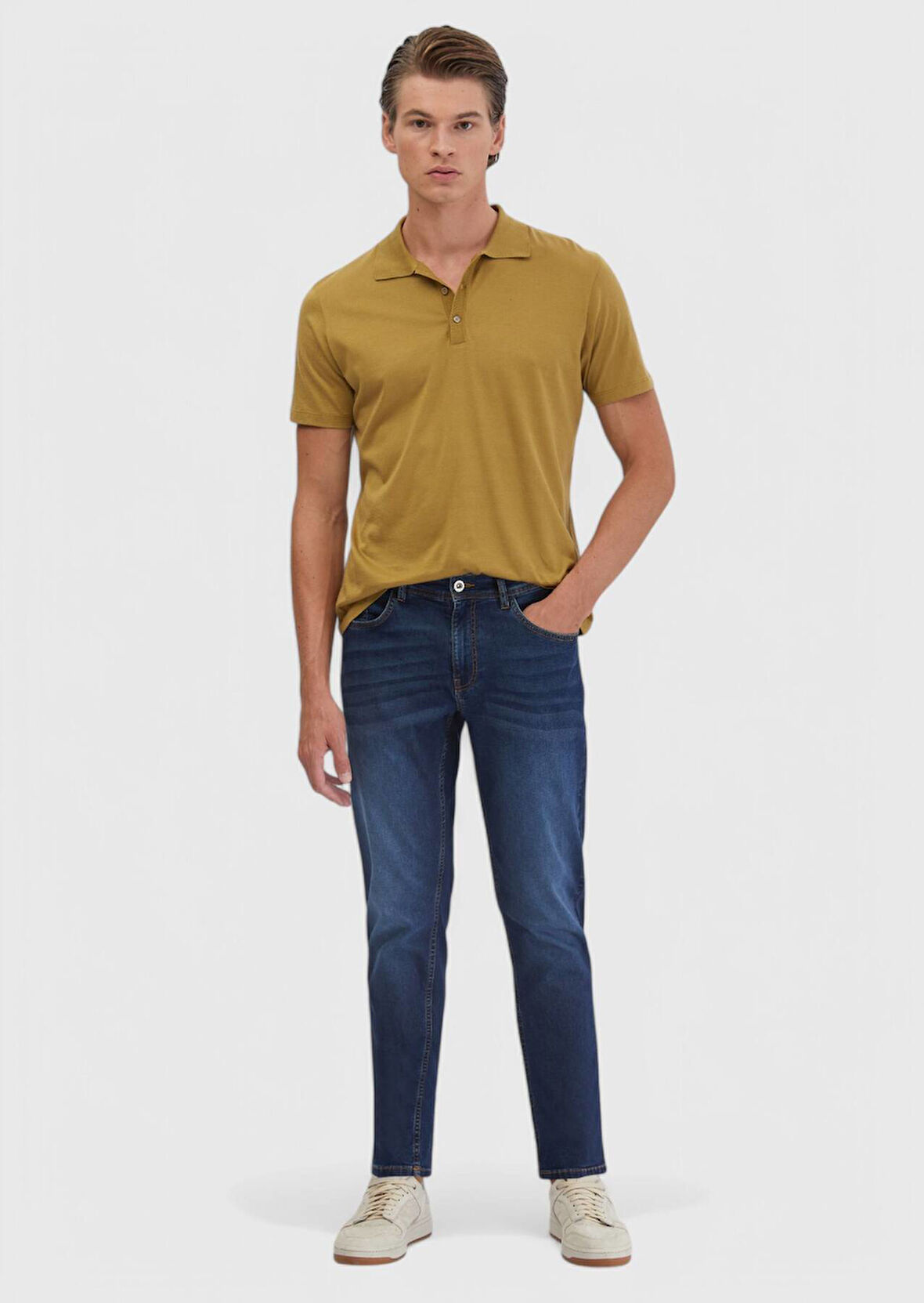 Lacivert Düz Slim Fit Denim Pamuk Karışımlı Pantolon