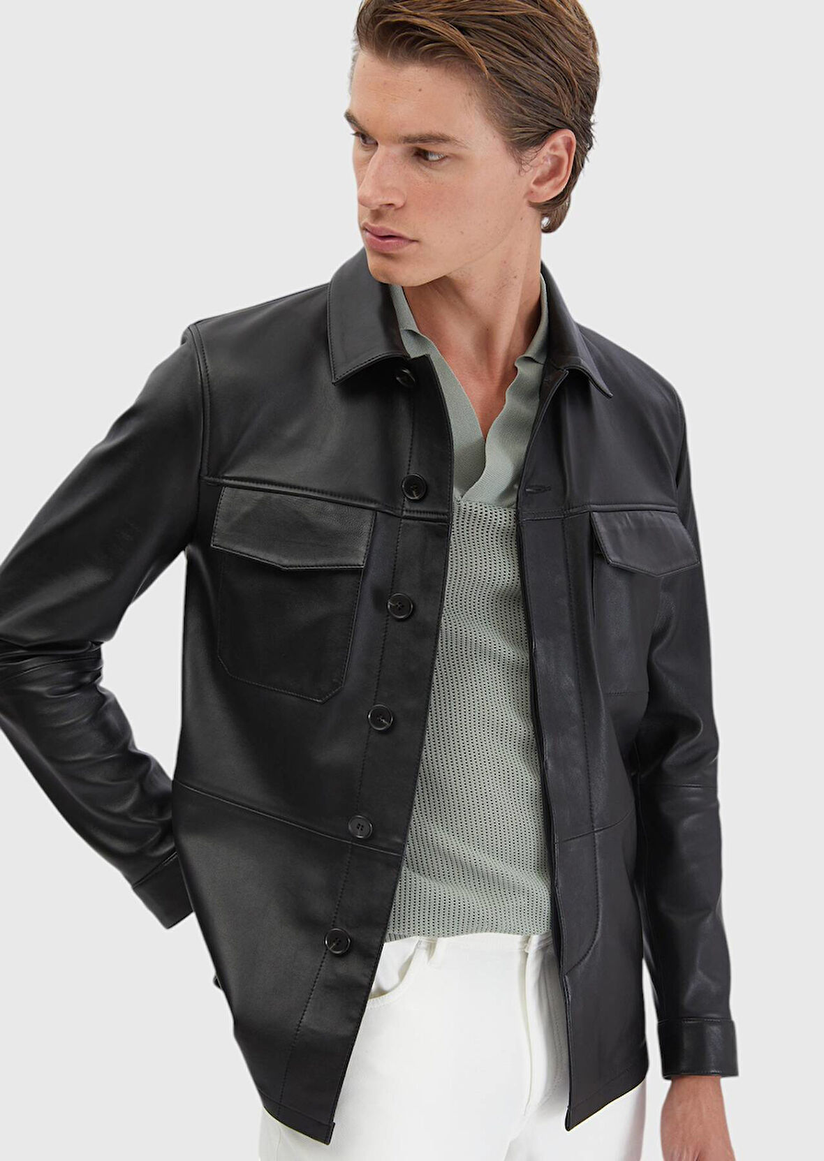 Siyah Regular Fit Gömlek Yaka Casual Koyun Derisi Deri Mont