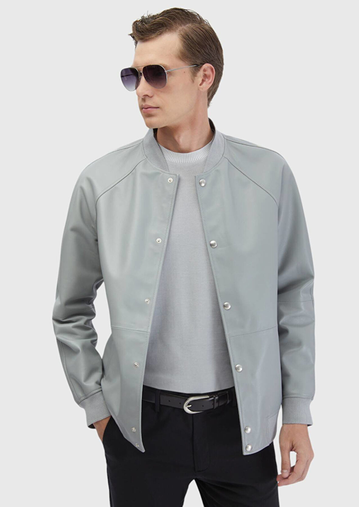 Gri Regular Fit Dik Yaka Casual Koyun Derisi Deri Mont