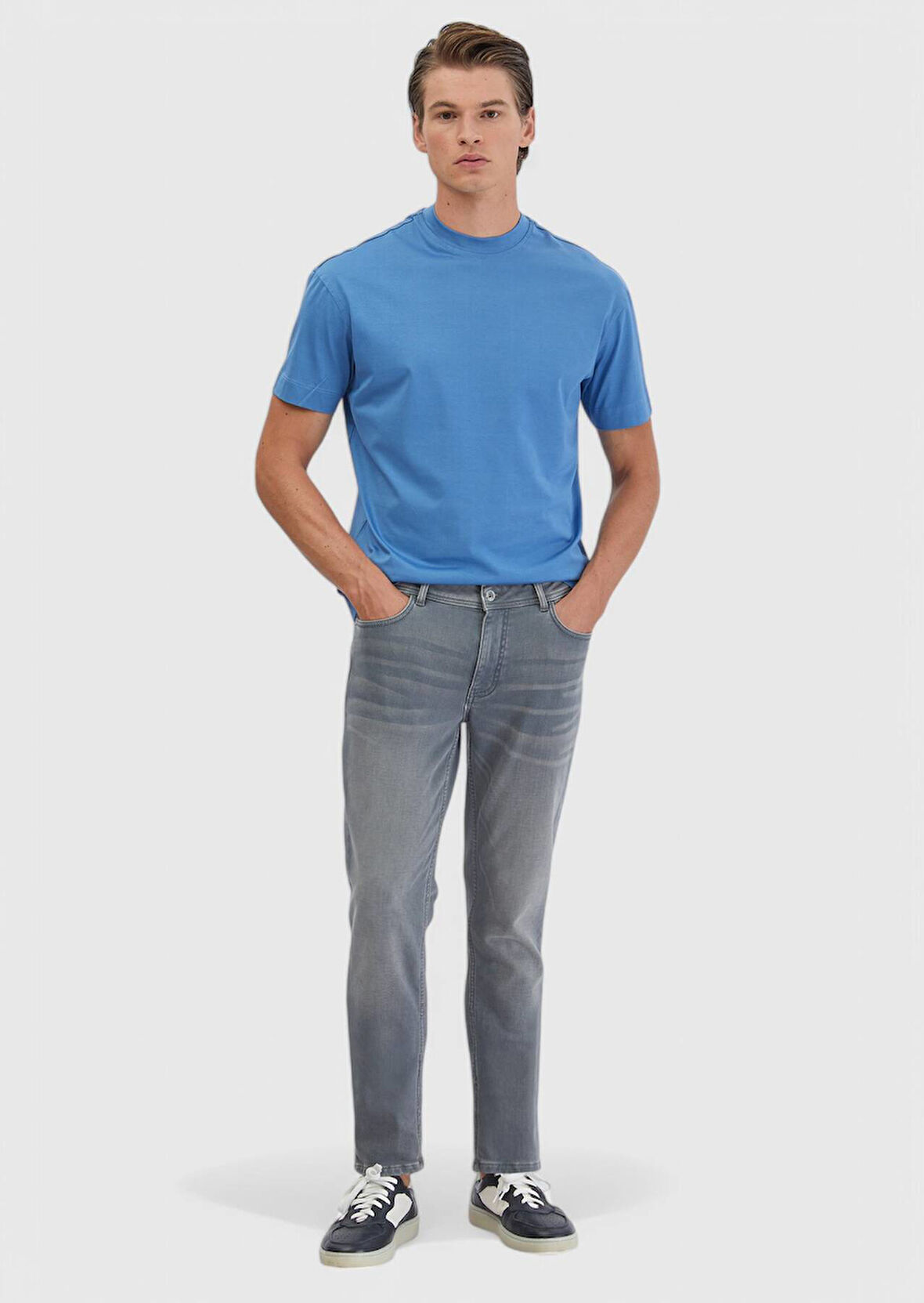 Gri Düz Slim Fit Denim Pamuk Karışımlı Pantolon