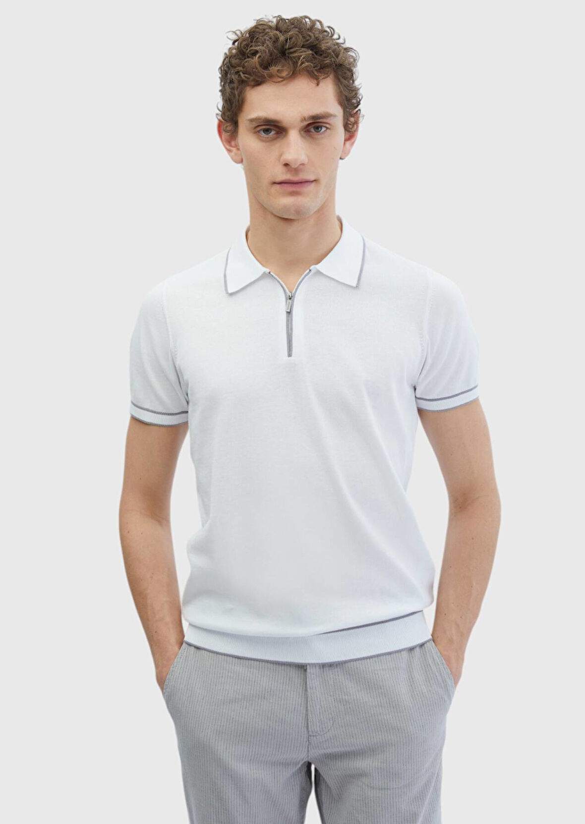 Beyaz Polo Yaka %100 Pamuk Triko