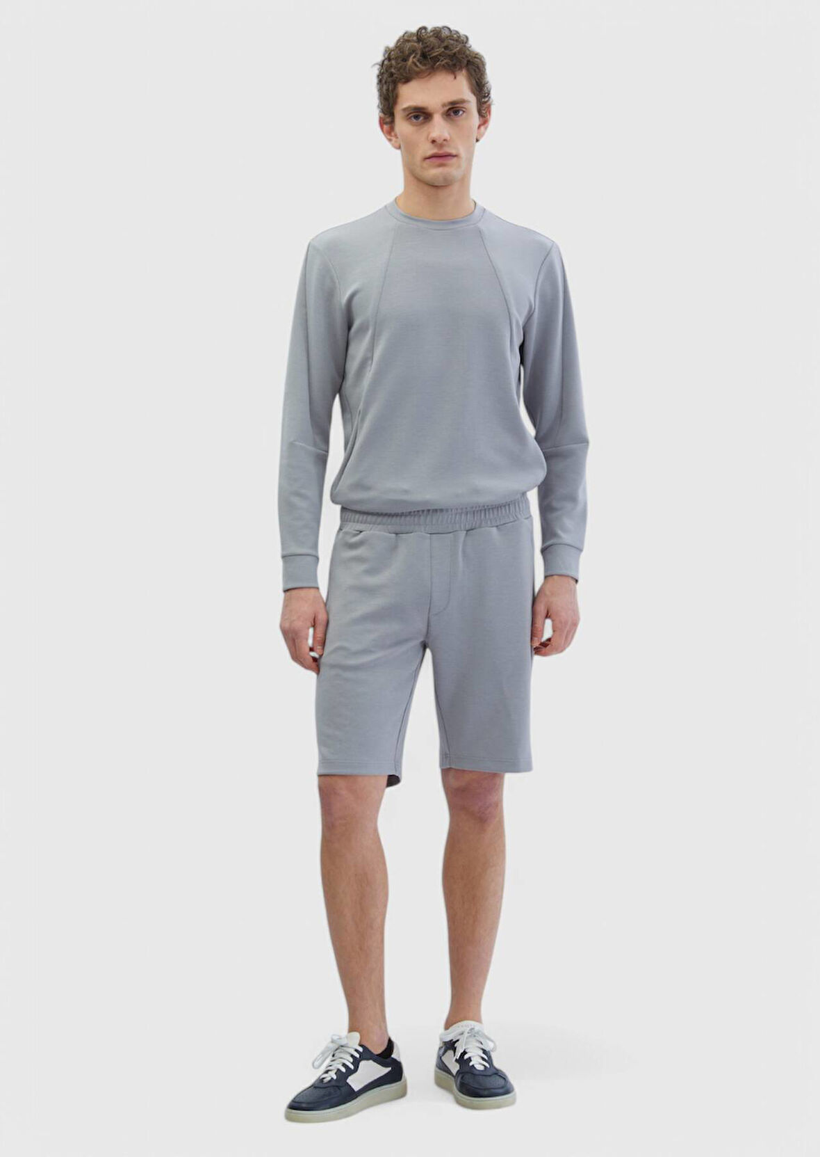 Açık Gri Düz Örme Jogging Fit Spor Bermuda