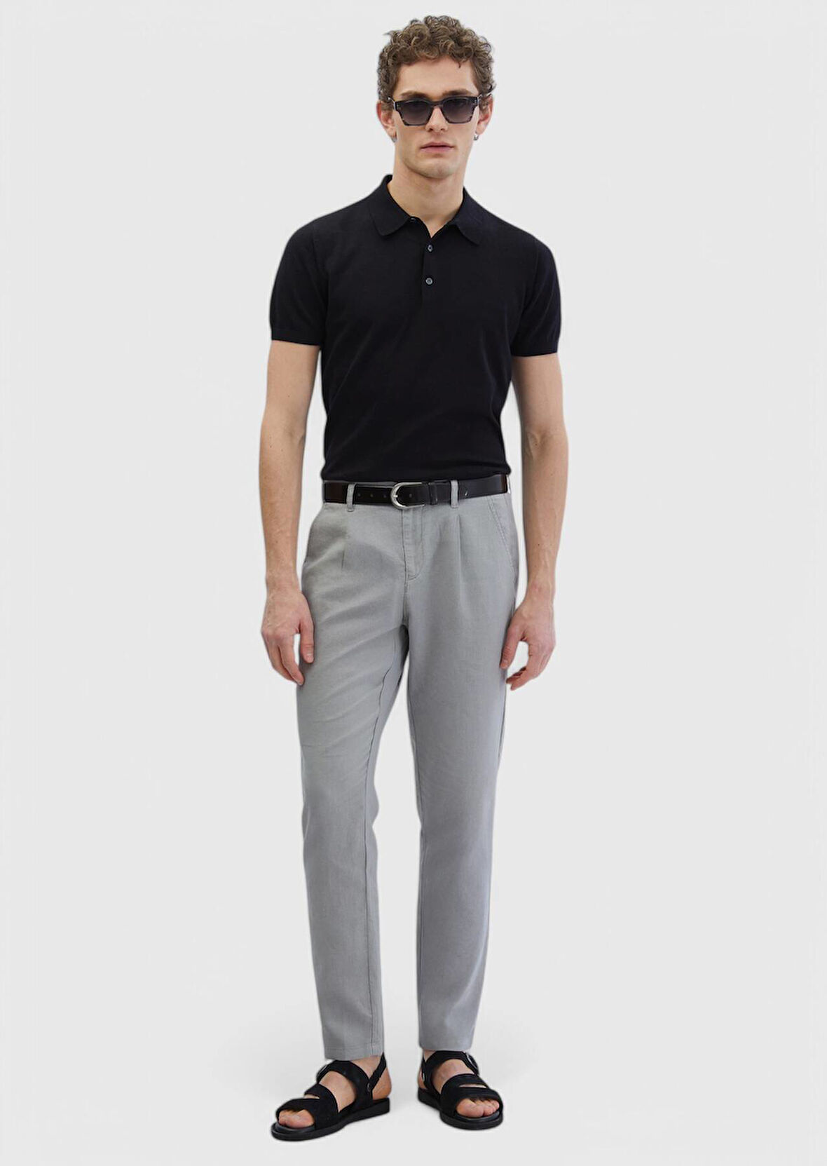 Gri Düz Dokuma Jogging Fit Casual %100 Keten Pantolon