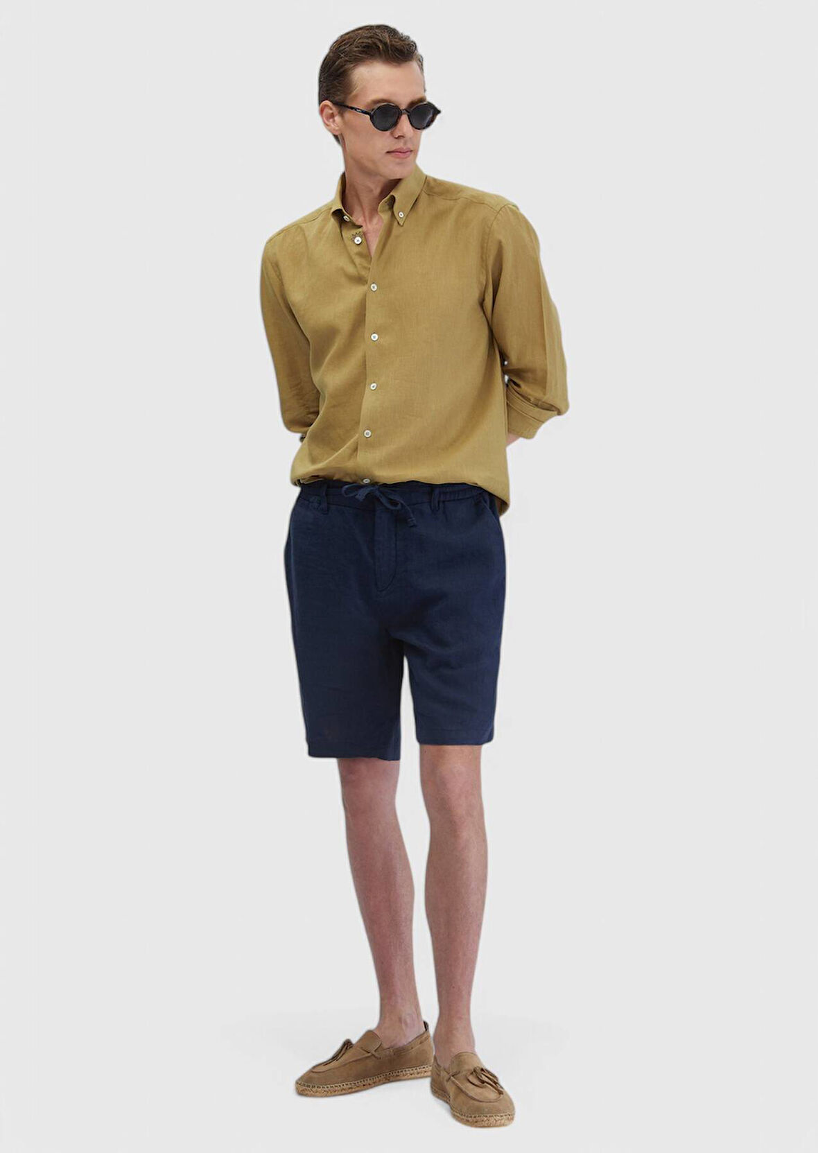 Lacivert Düz Dokuma Carrot Fit Casual %100 Keten Bermuda