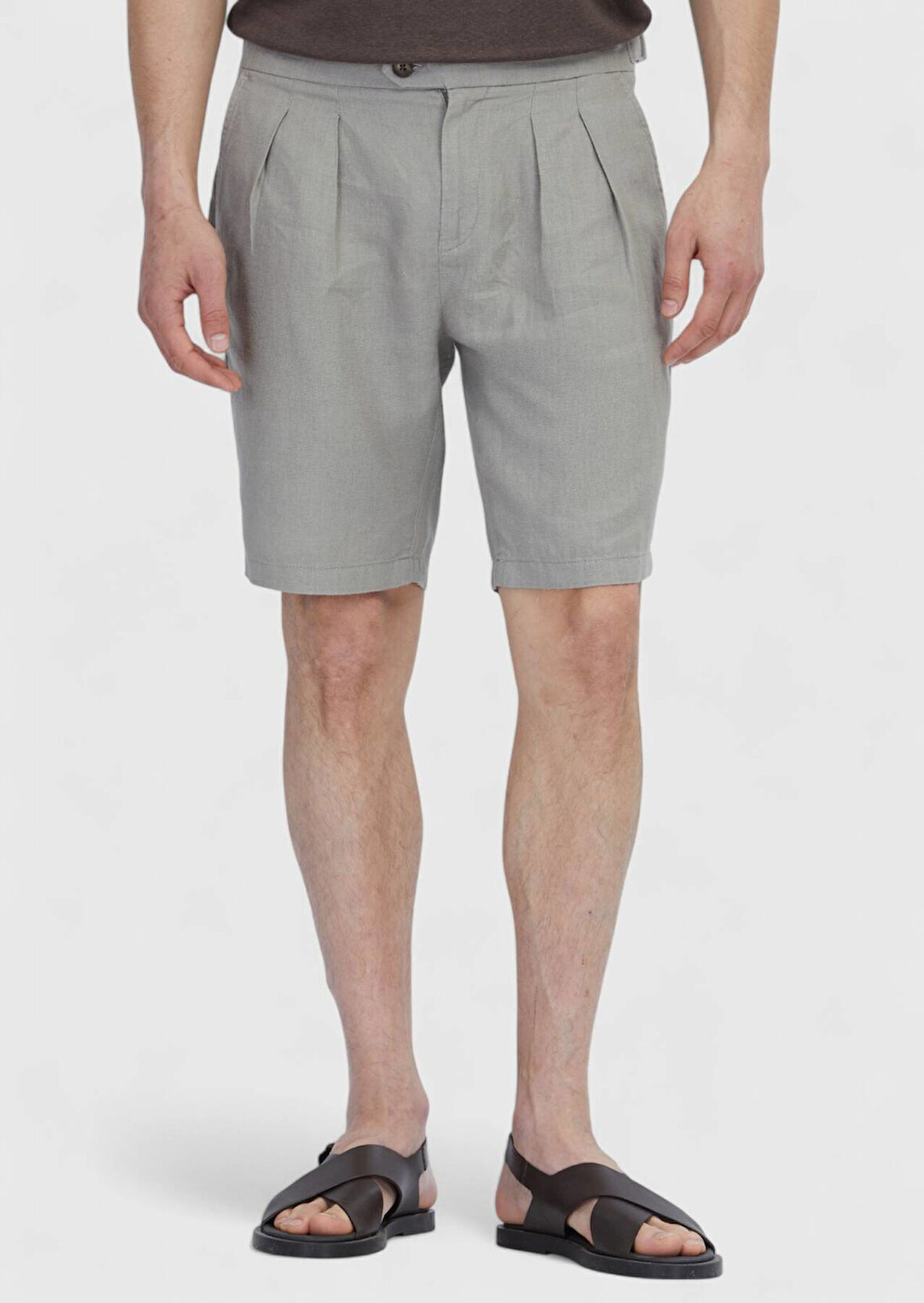 Vizon Düz Dokuma Carrot Fit Casual %100 Keten Bermuda