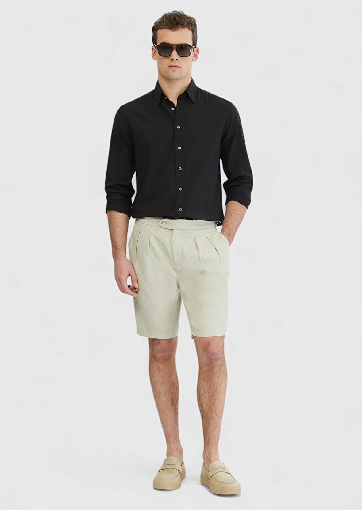 Kum Düz Dokuma Carrot Fit Casual %100 Keten Bermuda