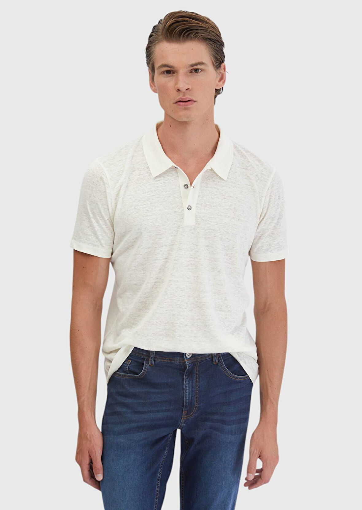 Ekru Düz Polo Yaka %100 Keten T-Shirt