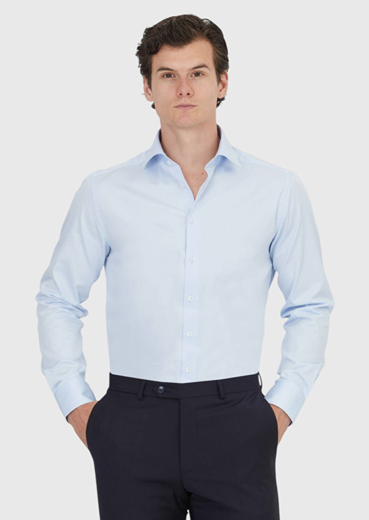 Açık Mavi Düz Regular Fit Dokuma Klasik %100 Pamuk Gömlek