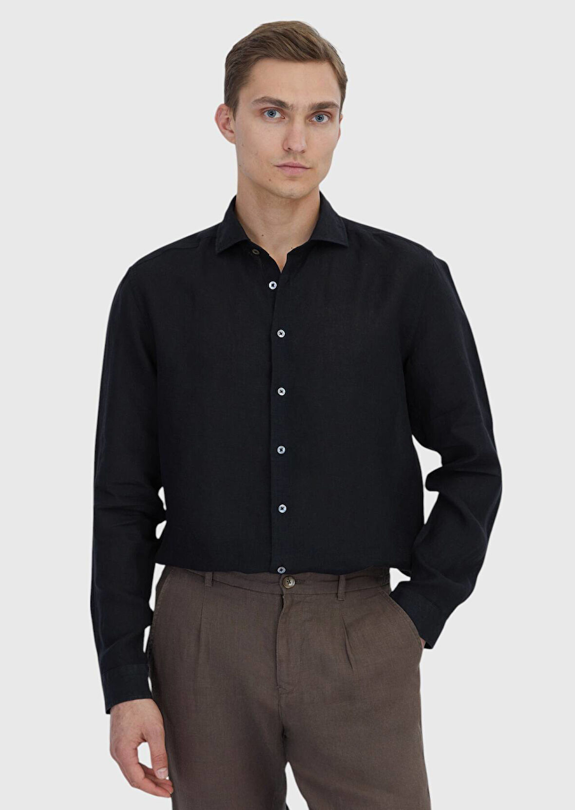 Siyah Düz Casual Fit Dokuma Casual %100 Keten Gömlek