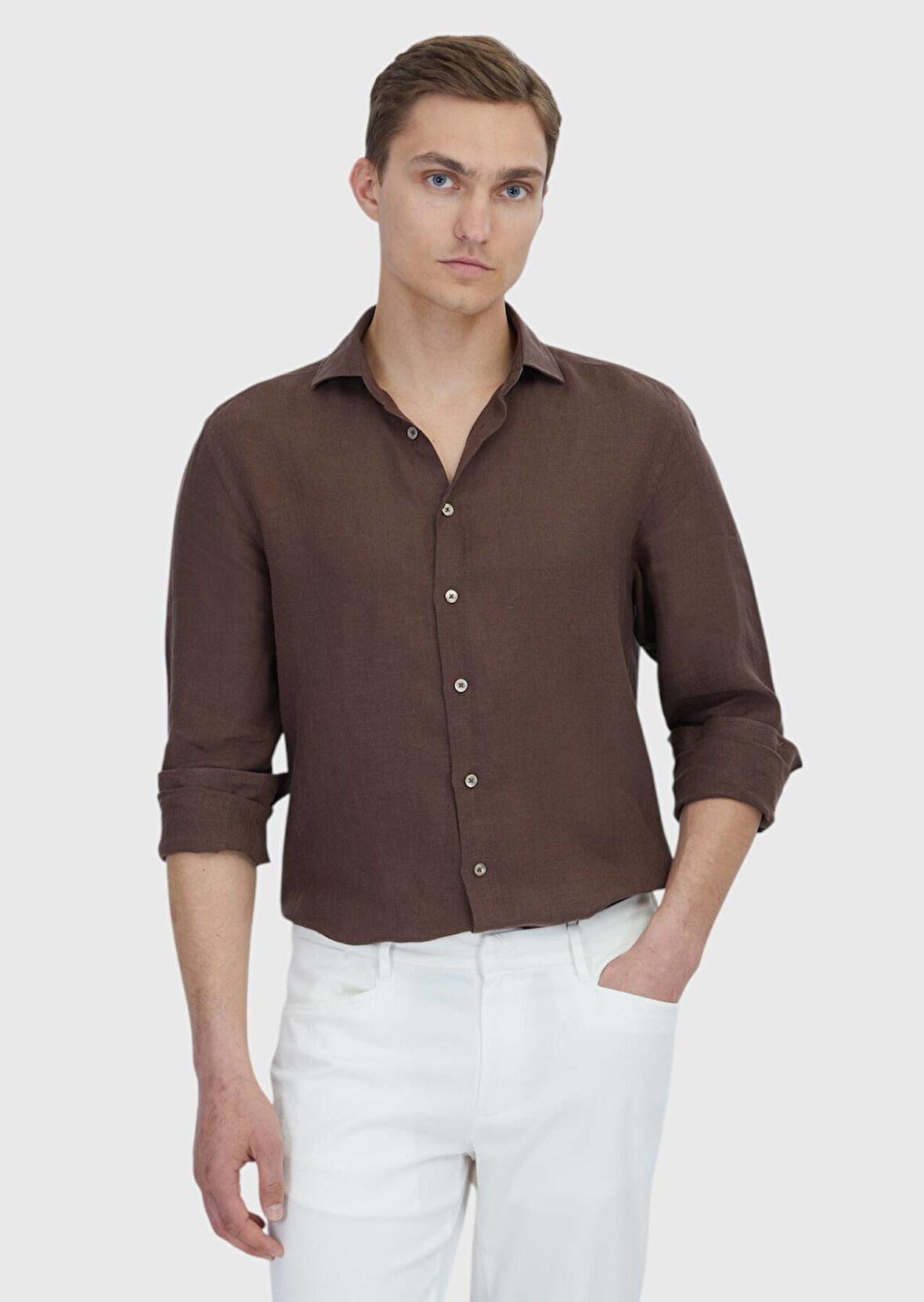 Kahverengi Düz Casual Fit Dokuma Casual %100 Keten Gömlek