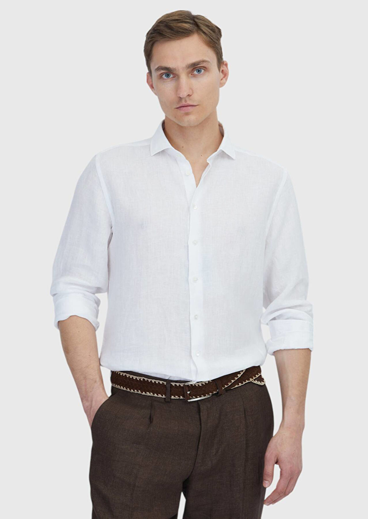 Beyaz Düz Casual Fit Dokuma Casual %100 Keten Gömlek