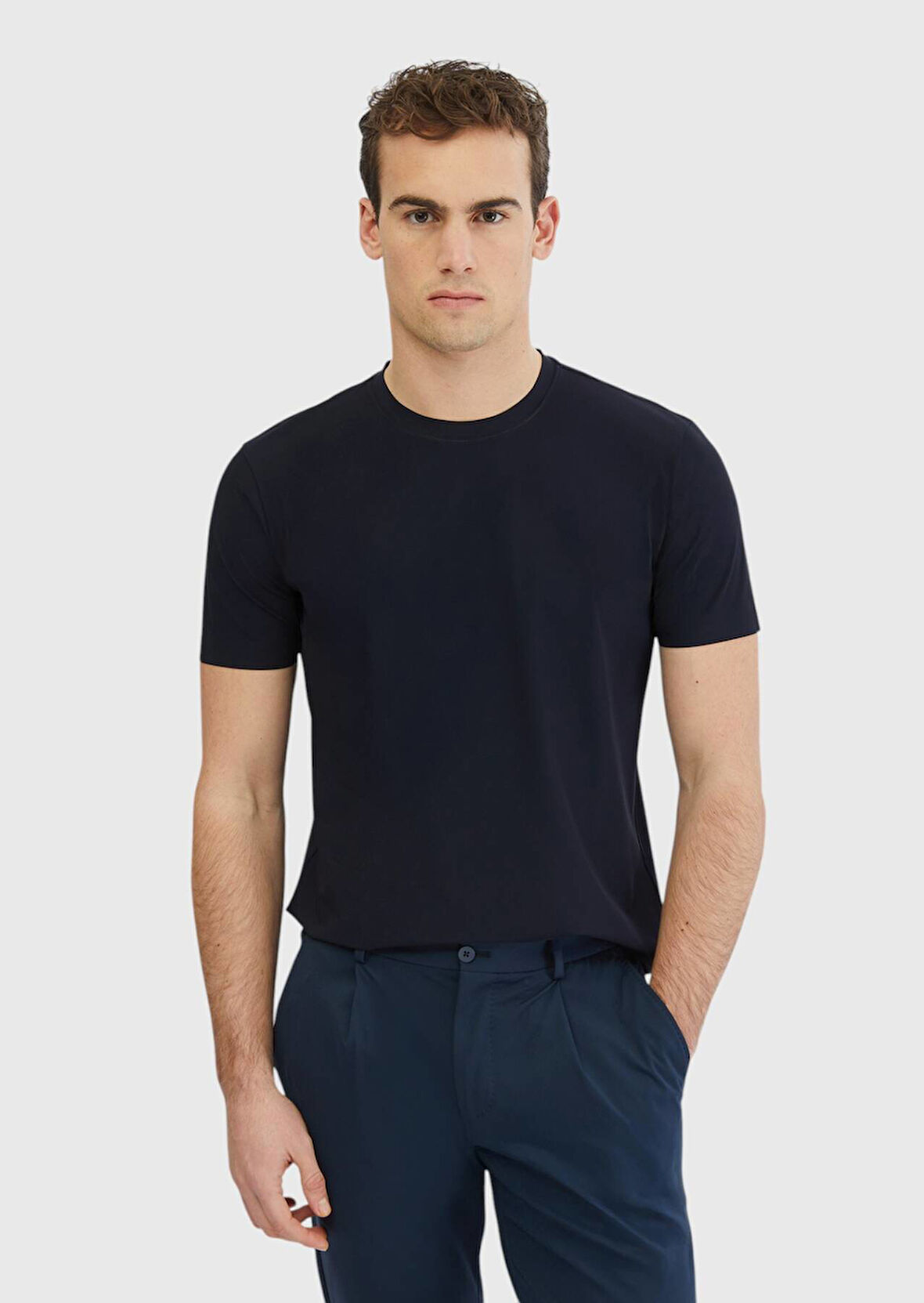 Lacivert Düz Bisiklet Yaka T-Shirt