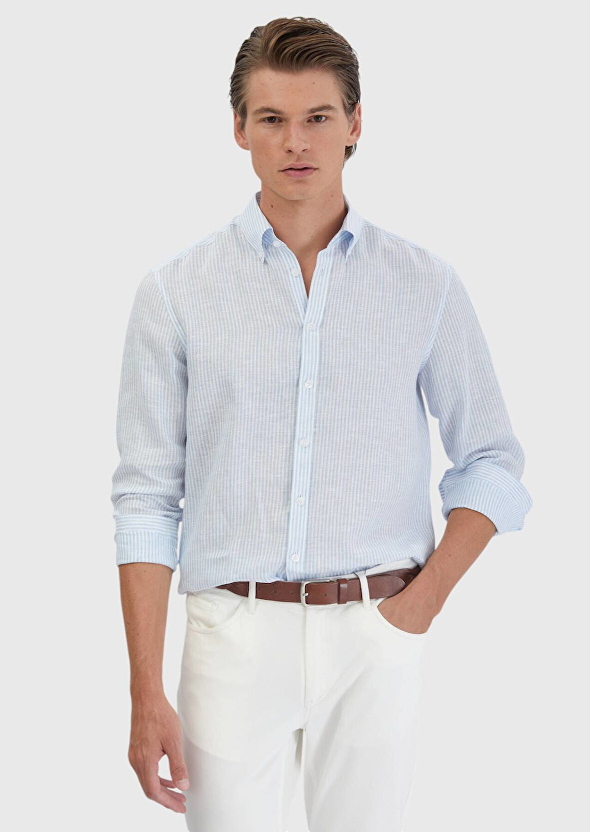 Mavi Çizgili Casual Fit Dokuma Casual %100 Keten Gömlek