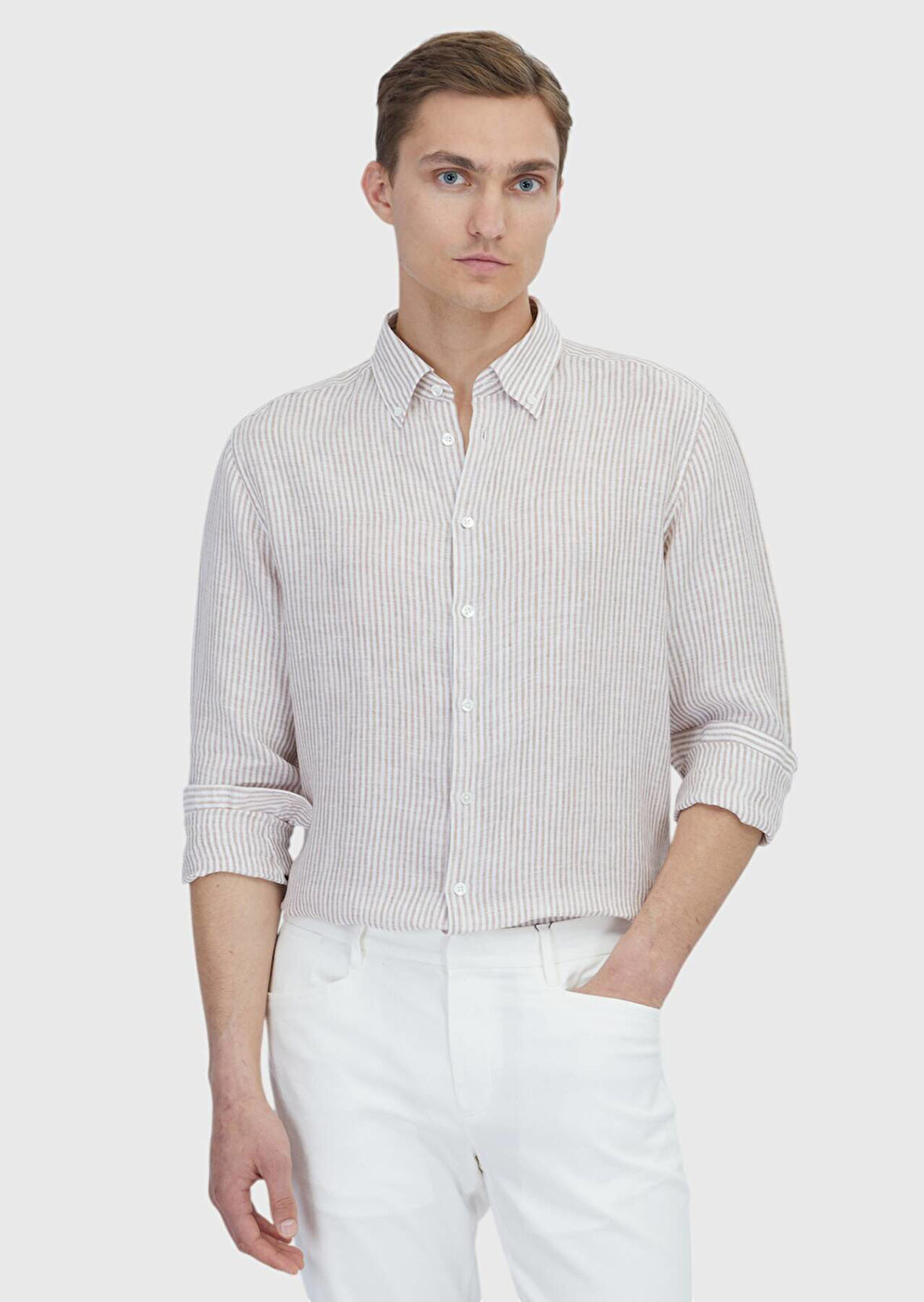 Kiremit Çizgili Casual Fit Dokuma Casual %100 Keten Gömlek