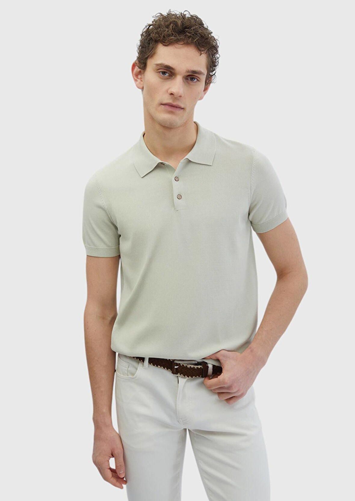 Bej Polo Yaka Düz Örgü Triko