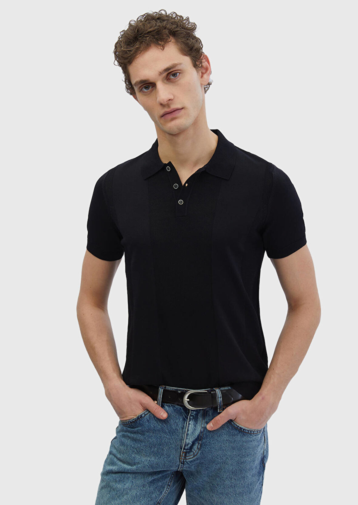 Siyah Polo Yaka Jakarlı Triko