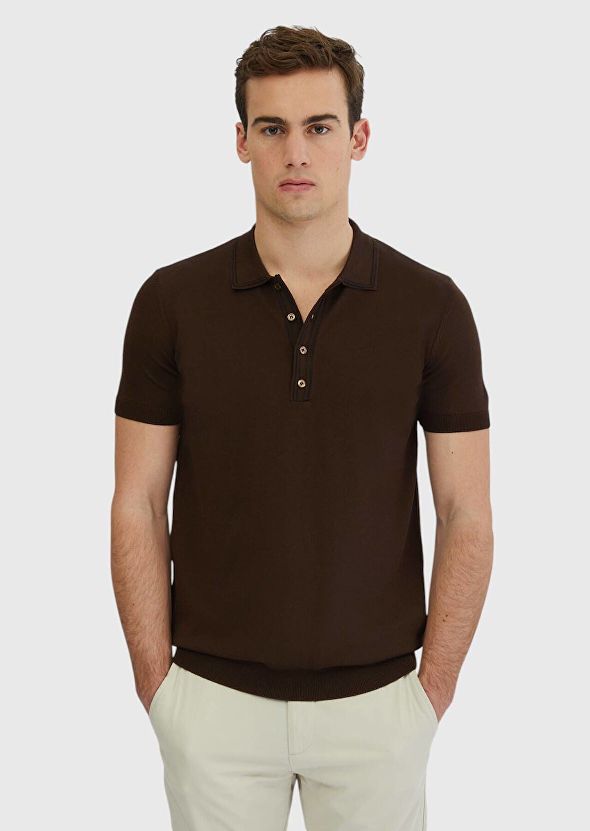 Kahverengi Polo Yaka Düz Örgü Triko