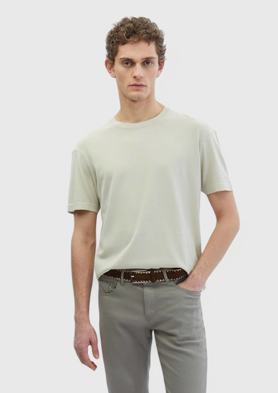 Bej Bisiklet Yaka Düz Örgü Triko