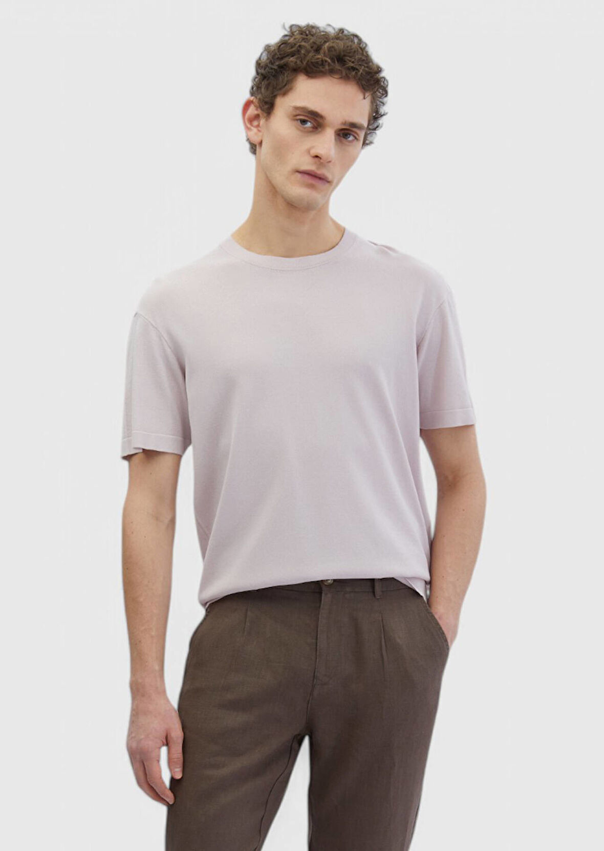 Pembe Bisiklet Yaka Düz Örgü Triko