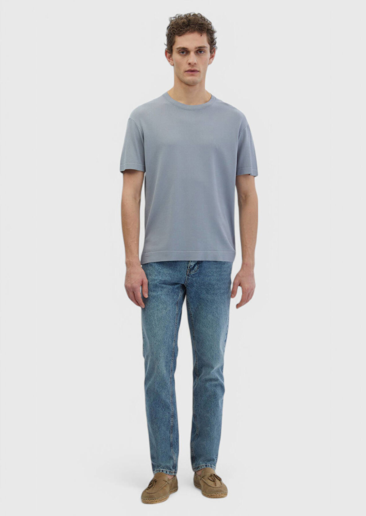 Açık Gri Bisiklet Yaka Düz Örgü Triko